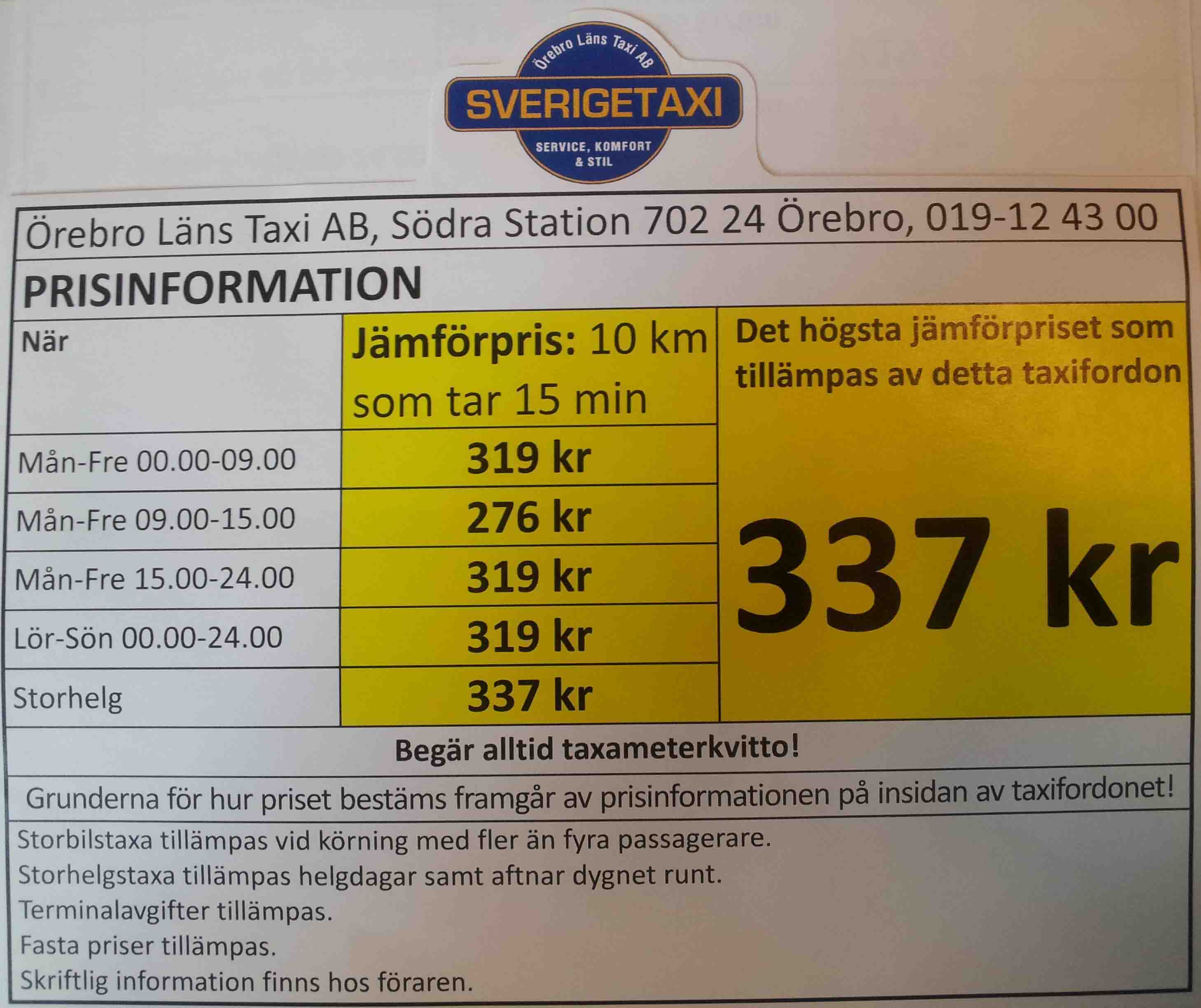 Prices Sverigetaxi in Örebro